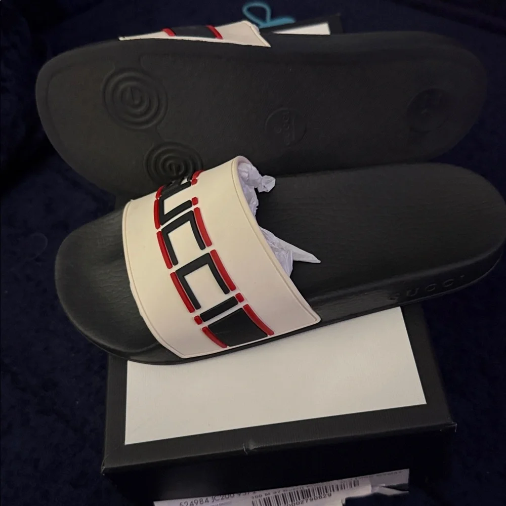 Gucci Black and White Logo Slide Sandals with Red and Black Accents